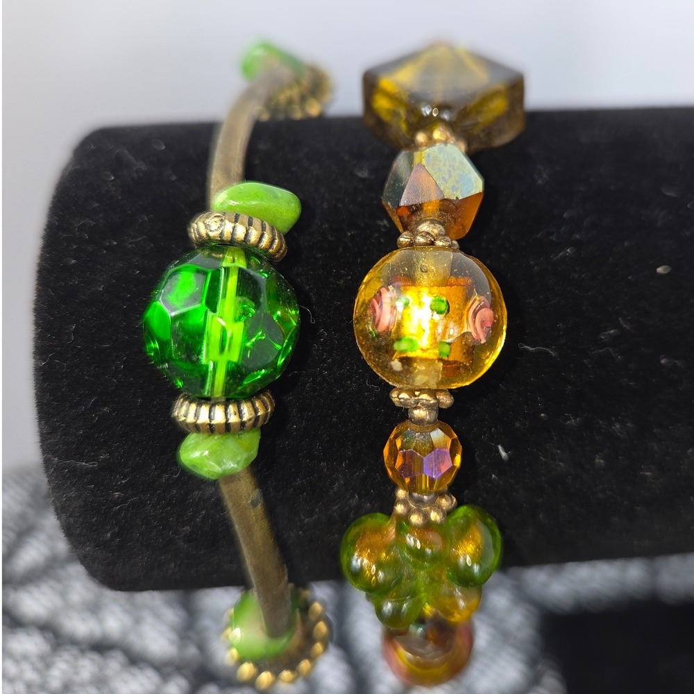 Vintage Style Bead Bracelet Set Green Amber Lampwork Art Glass Bangle